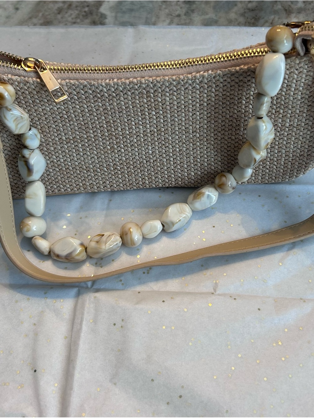 BELINNI Raffia Neutral Beaded strap Strap Crossbody Bag - Beige